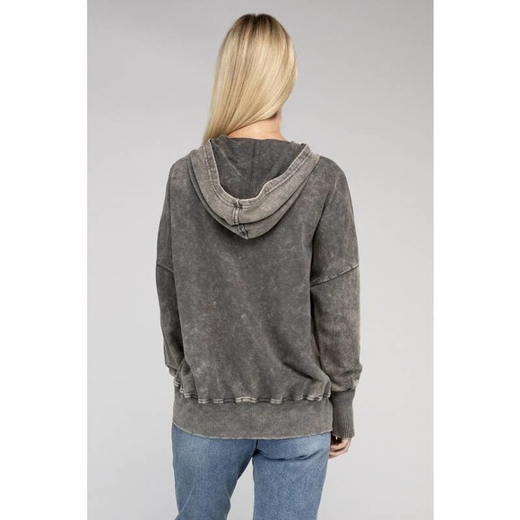 ZENANA French Terry Acid Wash Kangaroo Pocket Hoodie Sweatshirt in Mocha Grey - Picture 3 of 9